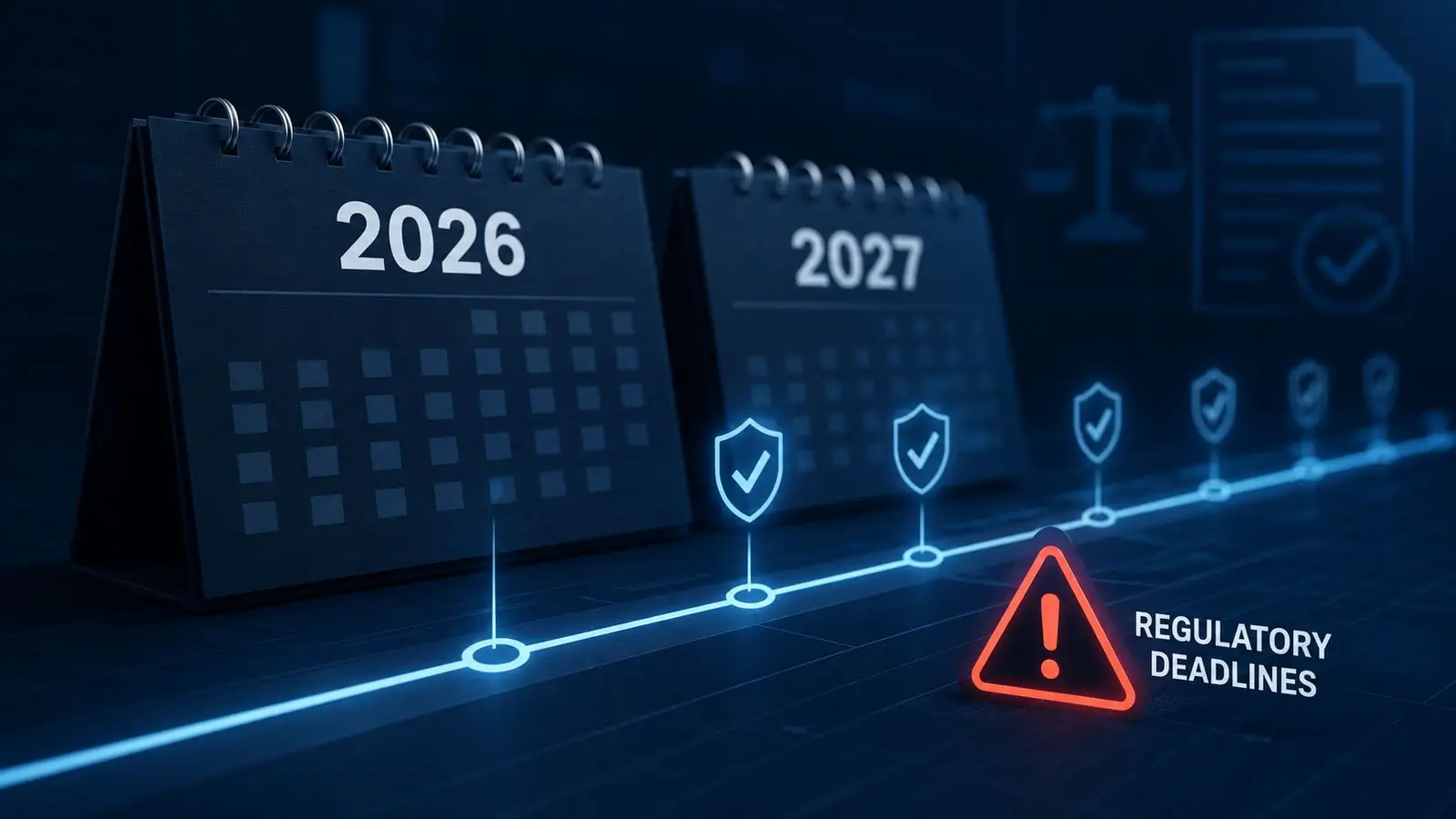 Tischkalender 2026 und 2027 an einer Zeitleiste mit Schild-Symbolen und Warnhinweis zu regulatorischen Fristen