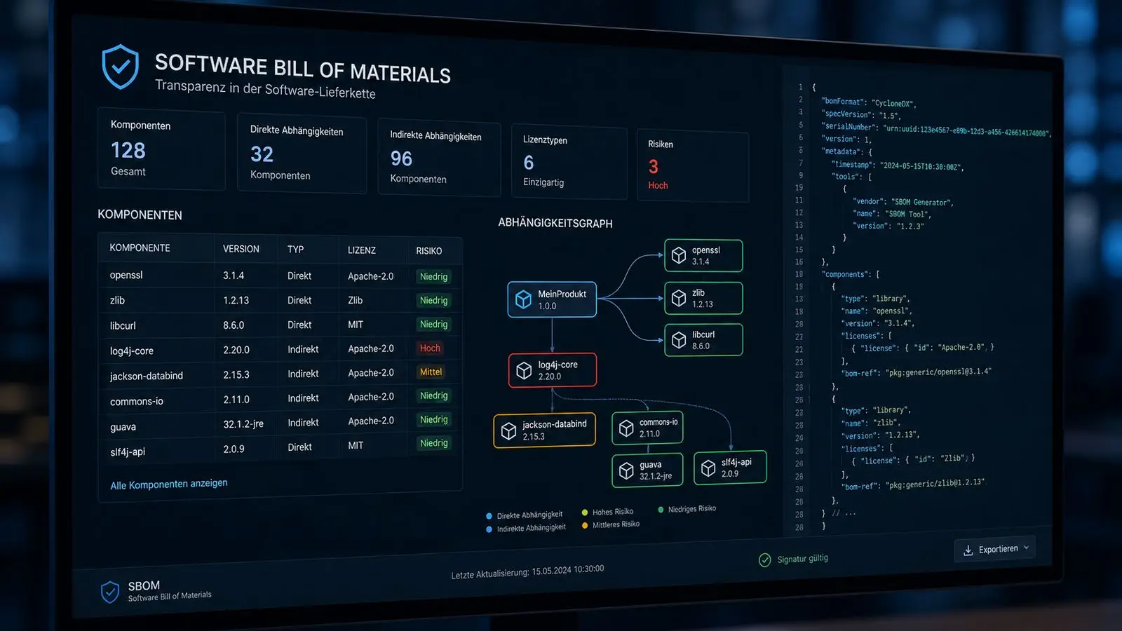 Dashboard einer Software Bill of Materials mit Komponentenliste, Abhängigkeitsgraph und Risikobewertung