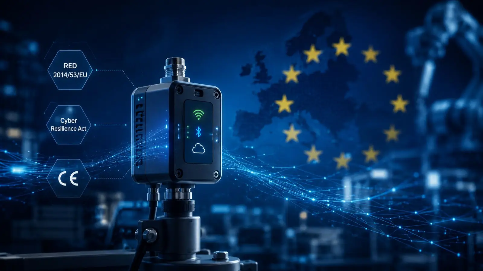 Vernetzter IoT-Sensor vor EU-Flagge mit Hinweisen auf Cyber Resilience Act, CE-Kennzeichnung und Funkanlagenrichtlinie