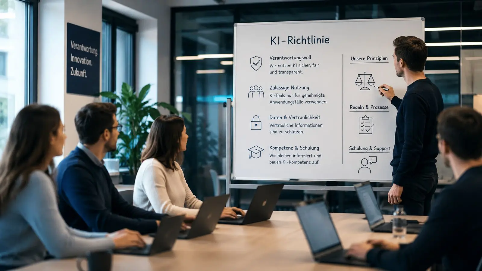 Mann erklärt einem Team am Whiteboard die Punkte einer KI-Richtlinie, die Kollegen sitzen mit Laptops am Tisch