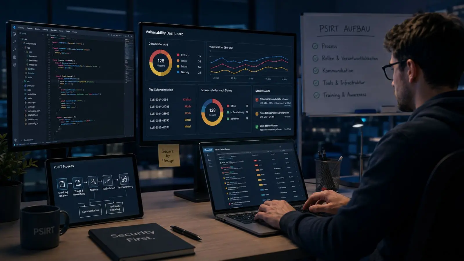 IT-Sicherheitsexperte am Schreibtisch mit Vulnerability-Dashboard, PSIRT-Prozess auf dem Tablet und Whiteboard zum PSIRT-Aufbau