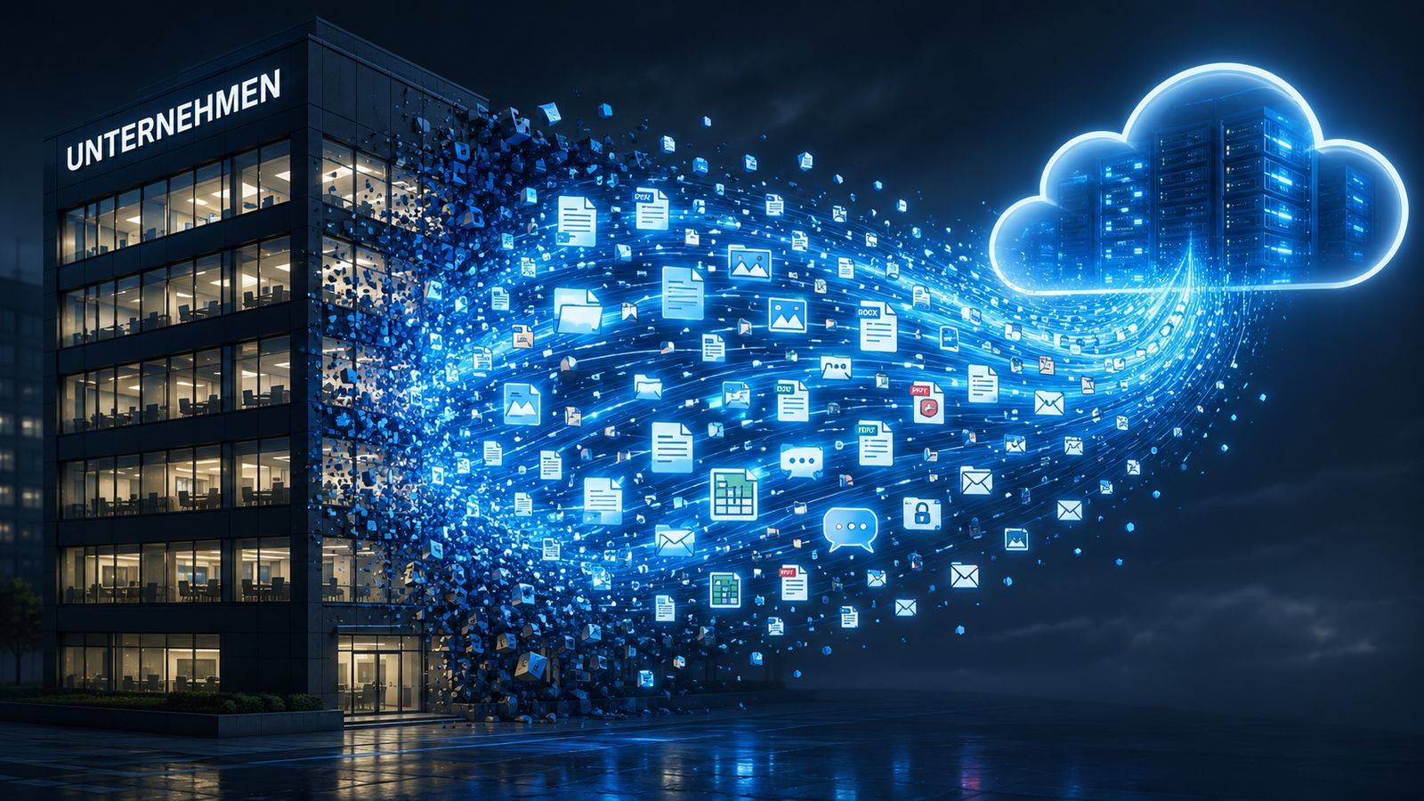 Dokumente, E-Mails und Dateien fließen aus einem Bürogebäude in eine Cloud mit Servern